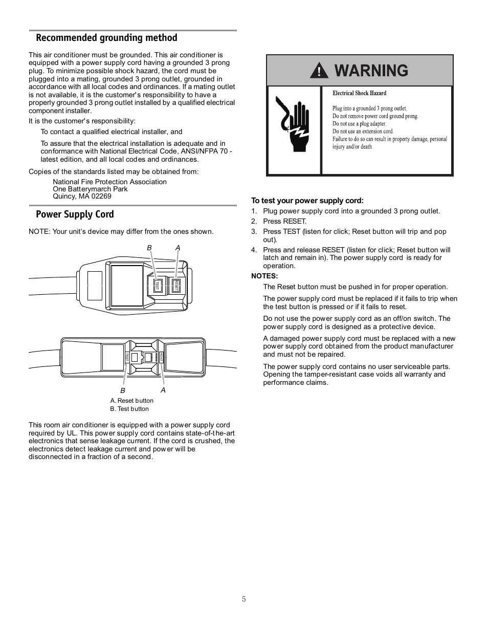 Recommended grounding method, Power supply cord | Friedrich CP24F30 User Manual | Page 7 / 20