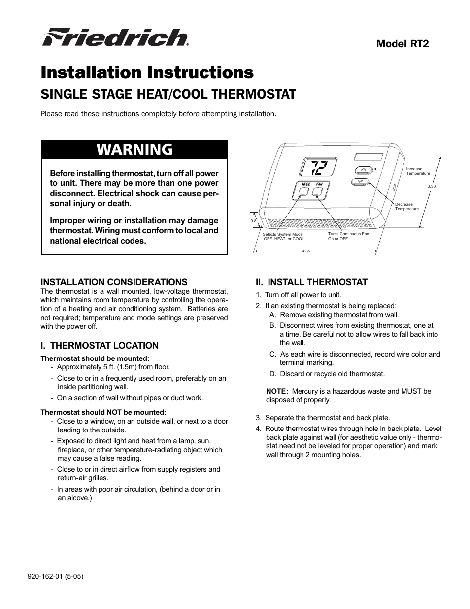 Friedrich RT2 User Manual | 4 pages