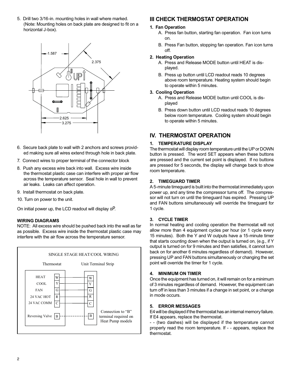 Iii check thermostat operation, Iv. thermostat operation | Friedrich RT2 User Manual | Page 2 / 4