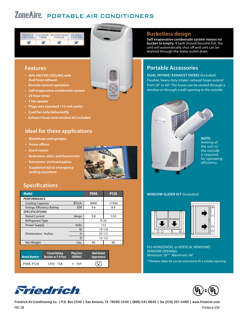 Portable air conditioners, Portable accessories, Ideal for these applications | Specifications, Features, Bucketless design | Friedrich P09A P12A User Manual | Page 2 / 2