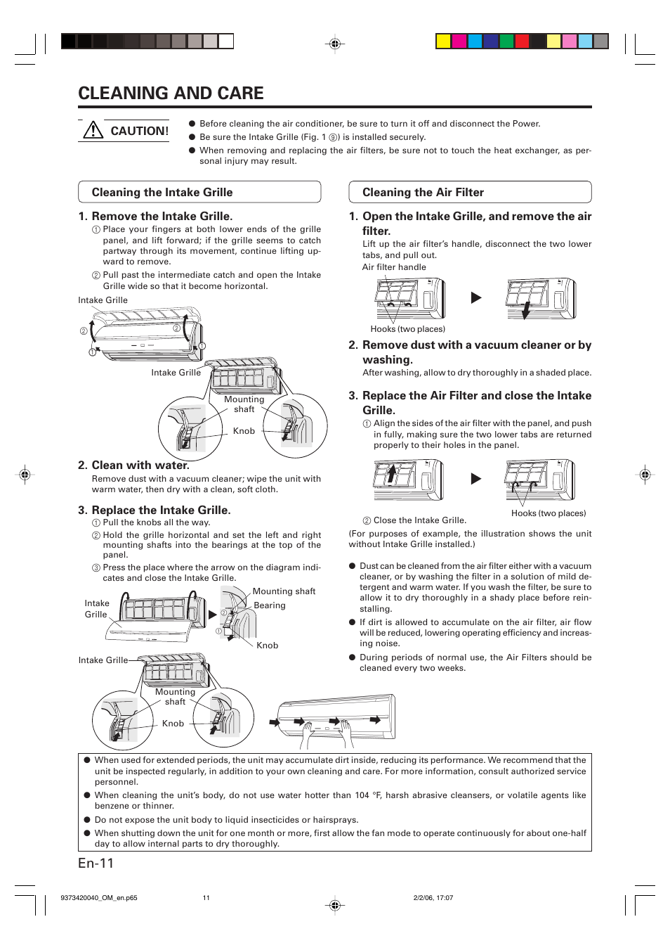 Cleaning and care, En-11 | Friedrich MW12Y3FM User Manual | Page 14 / 19