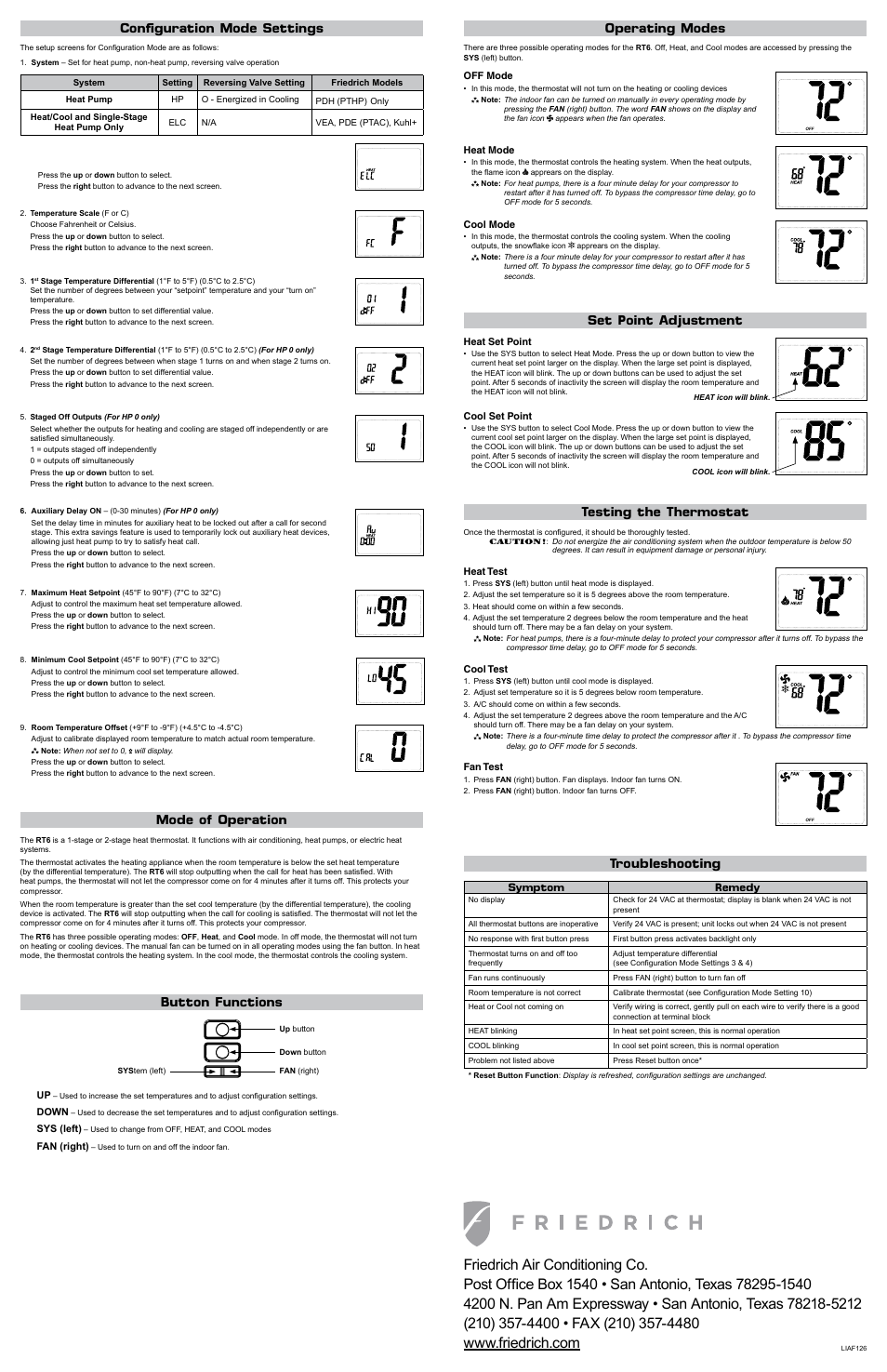 Configuration mode settings, Operating modes, Mode of operation | Button functions, Set point adjustment troubleshooting, Testing the thermostat | Friedrich RT6 User Manual | Page 2 / 2