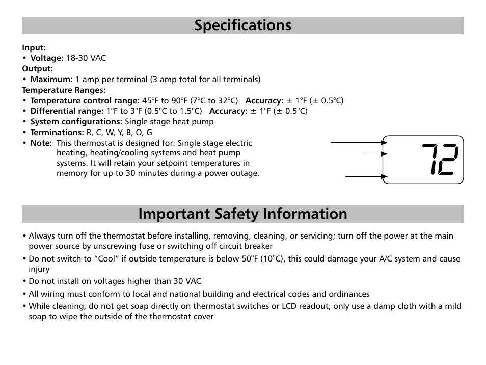 Specifications, Important safety information | Friedrich RT4 User Manual | Page 4 / 13