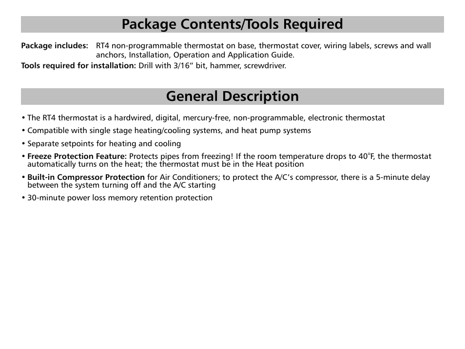 Package contents/tools required, General description | Friedrich RT4 User Manual | Page 5 / 13