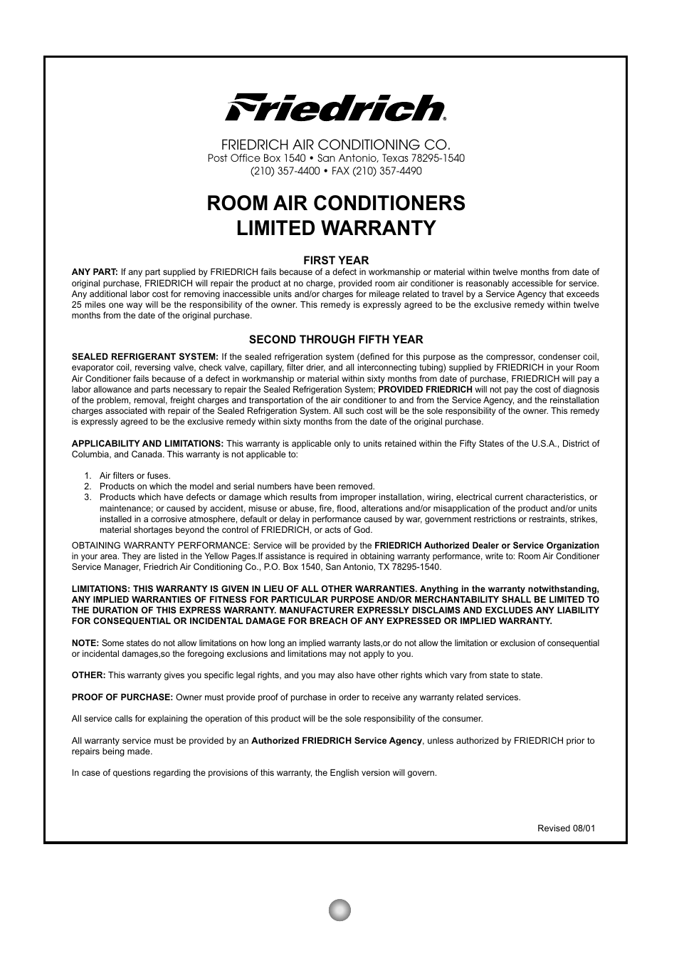 Room air conditioners limited warranty, Friedrich air conditioning co | Friedrich CP12 User Manual | Page 19 / 58