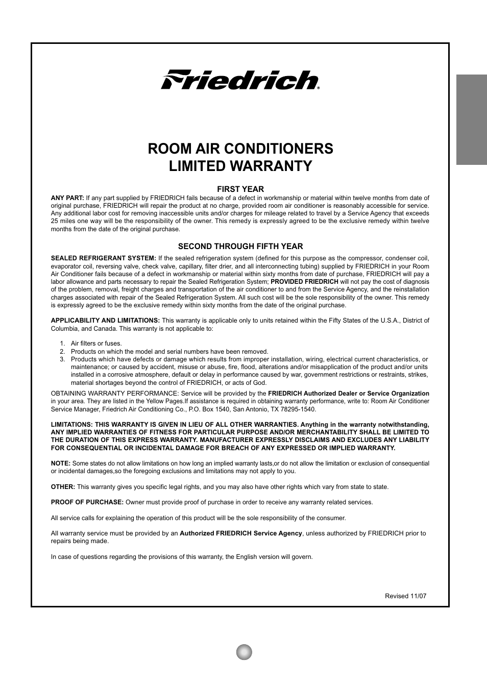Room air conditioners limited warranty, English, Friedrich air conditioning co | Friedrich CP10 User Manual | Page 19 / 61