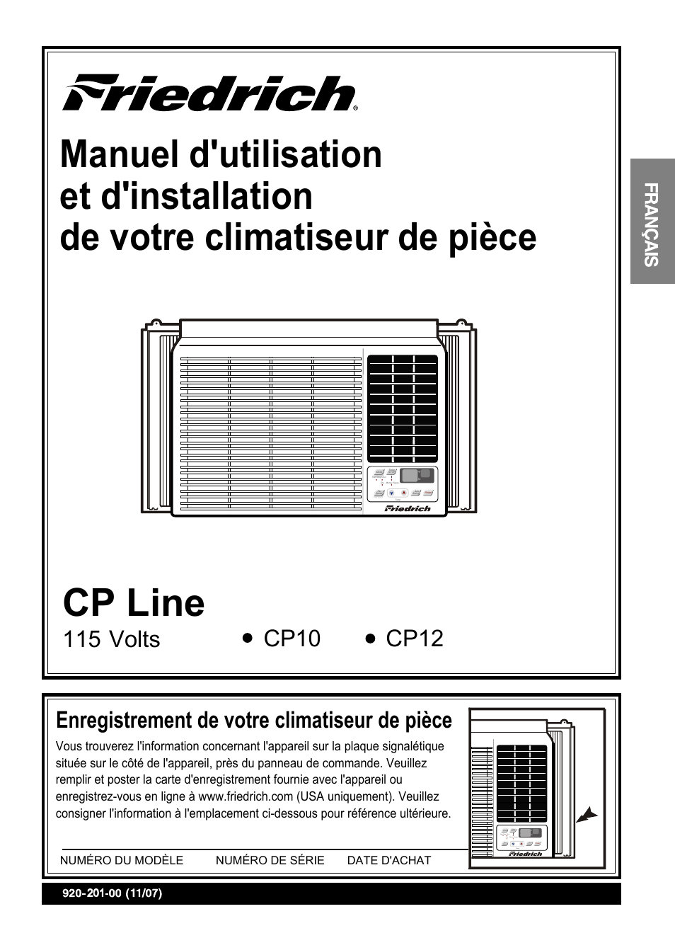 Cp line, Enregistrement de votre climatiseur de pièce, 115 volts | Cp10 cp12, Français, Numéro du modèle numéro de série date d'achat | Friedrich CP10 User Manual | Page 21 / 61