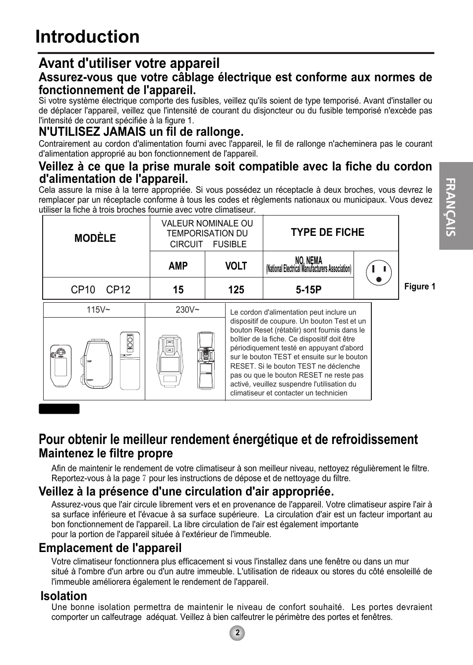 Introduction, Avant d'utiliser votre appareil, Français | N'utilisez jamais un fil de rallonge, Maintenez le filtre propre, Emplacement de l'appareil, Isolation | Friedrich CP10 User Manual | Page 23 / 61