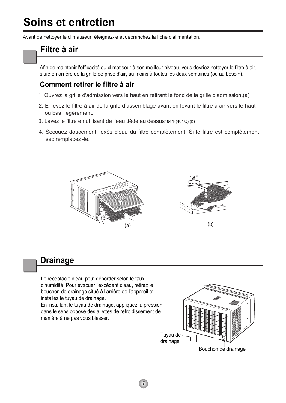 Soins et entretien, Filtre à air, Drainage | Comment retirer le filtre à air | Friedrich CP10 User Manual | Page 29 / 61