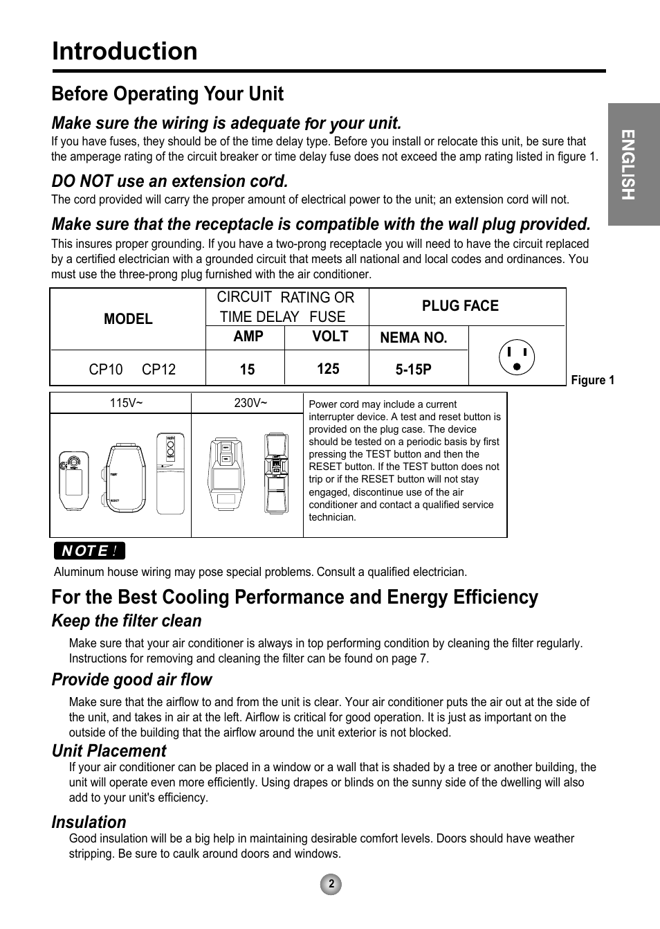 Introduction, Before operating your unit, Make sure the wiring is adequate for your unit | Do not use an extension cord, Keep the filter clean, Provide good air flow, Unit placement, Insulation | Friedrich CP10 User Manual | Page 3 / 61