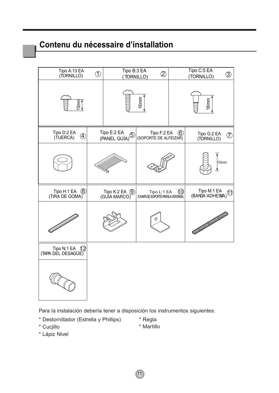Contenu du nécessaire d’installation | Friedrich CP10 User Manual | Page 33 / 61