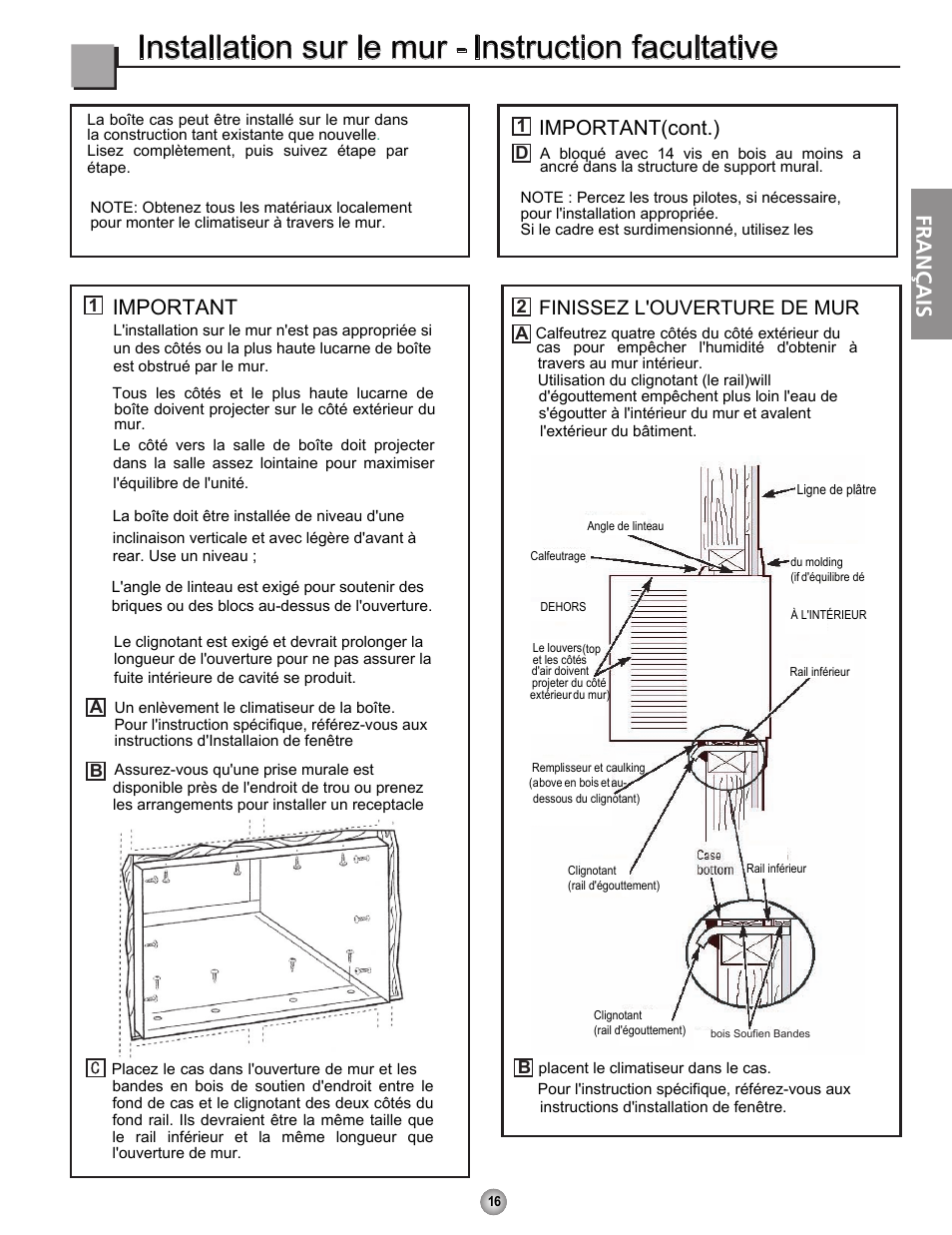 Installation sur le mur - instruction facultative, Français, Important(cont.) | Important, Finissez l'ouverture de mur | Friedrich CP10 User Manual | Page 38 / 61