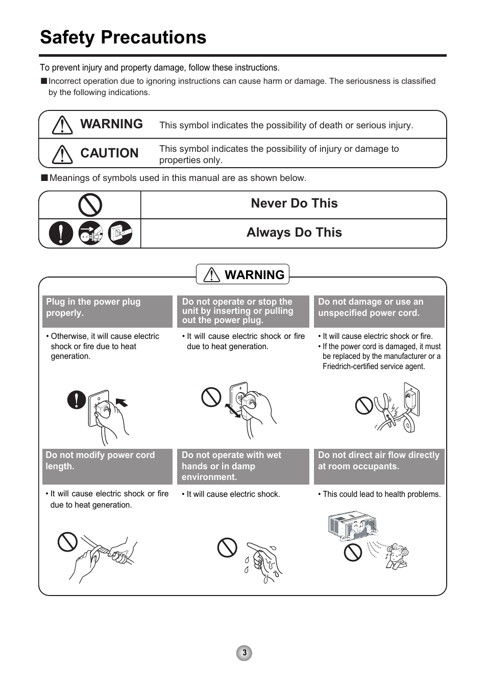 Safety precautions, Caution, Never do this always do this | Warning | Friedrich CP10 User Manual | Page 4 / 61