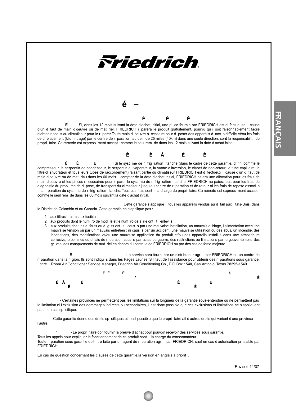 Garantie limit ée – climatiseurs friedrich, Français, Friedrich air conditioning co | Friedrich CP10 User Manual | Page 40 / 61