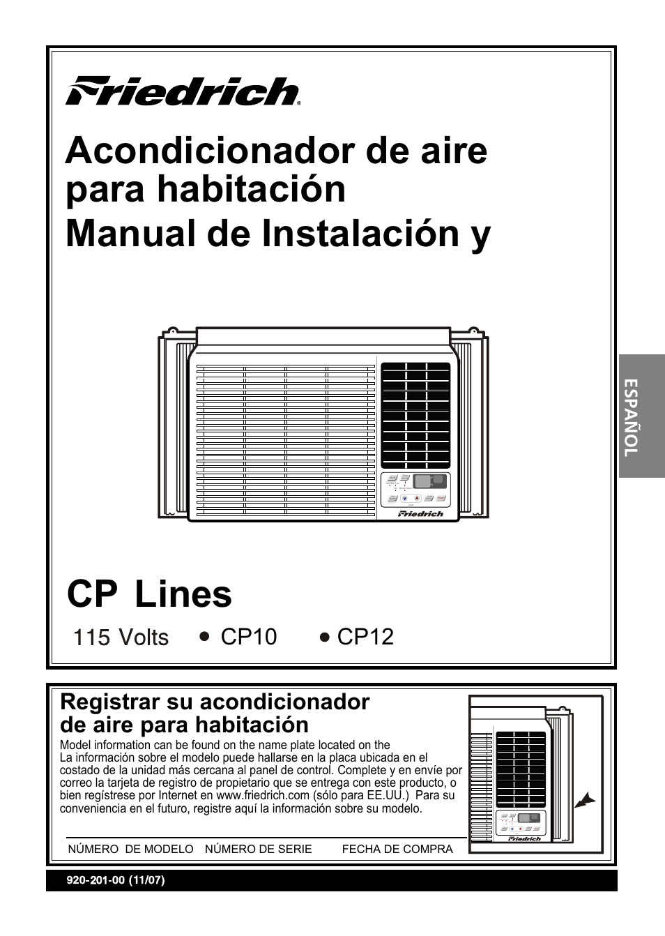 Cp10 cp12, Español, Número de modelo número de serie fecha de compra | Friedrich CP10 User Manual | Page 41 / 61