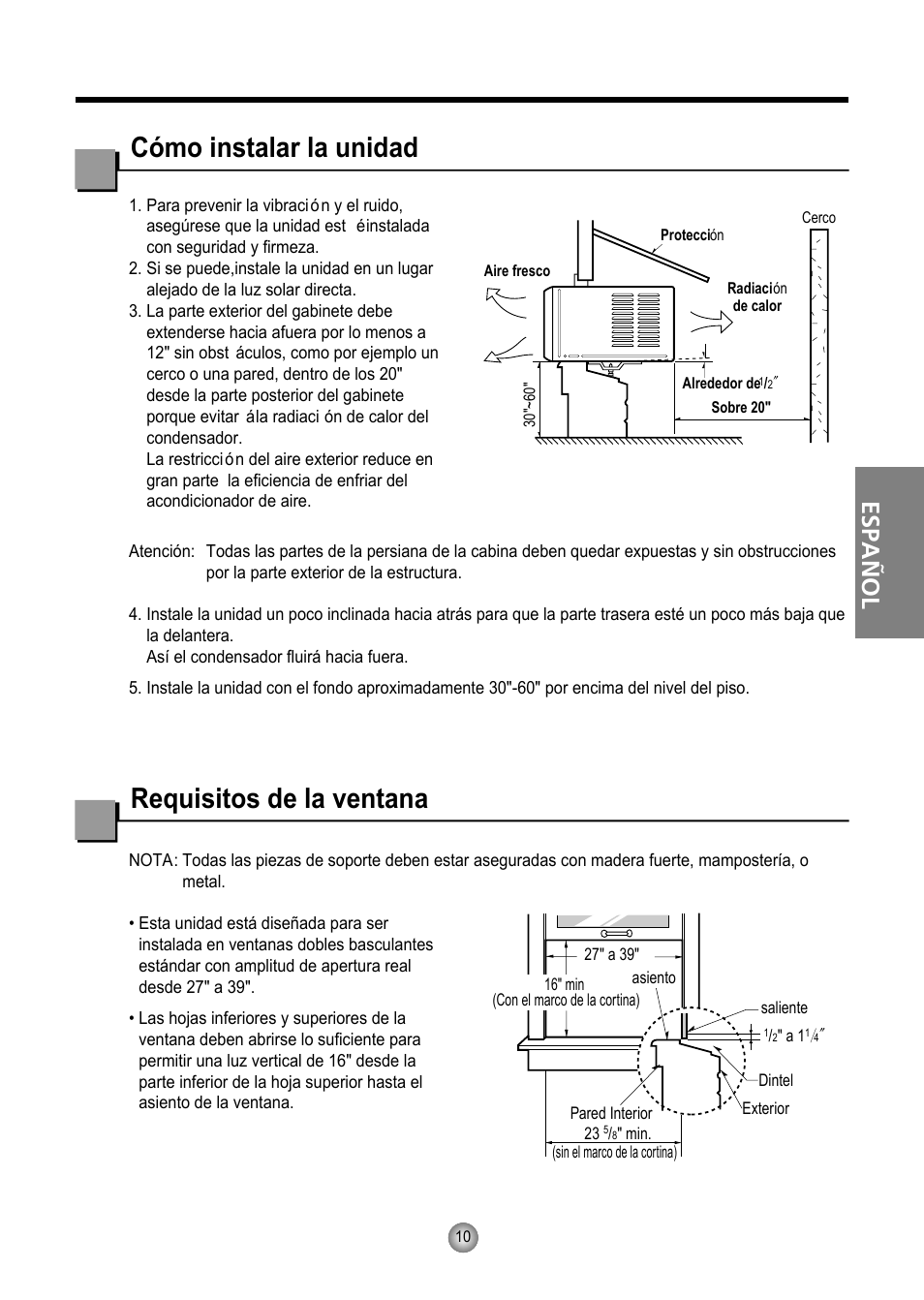 Cómo instalar la unidad, Requisitos de la ventana, Español | Friedrich CP10 User Manual | Page 51 / 61