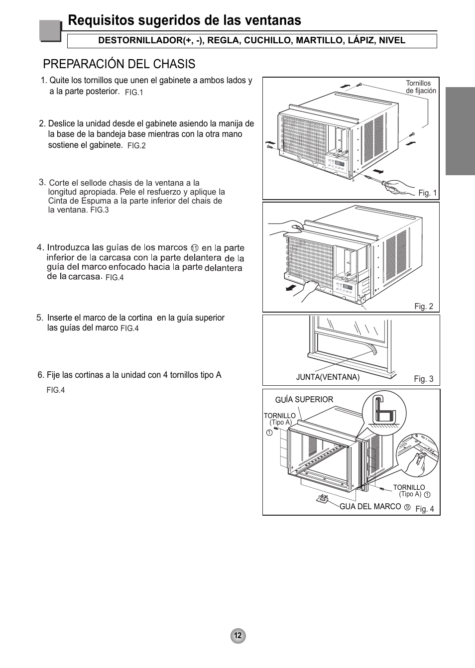 Requisitos sugeridos de las ventanas, Preparación del chasis, Español | Friedrich CP10 User Manual | Page 53 / 61