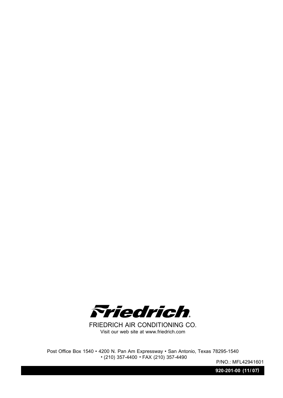 Friedrich air conditioning co | Friedrich CP10 User Manual | Page 61 / 61