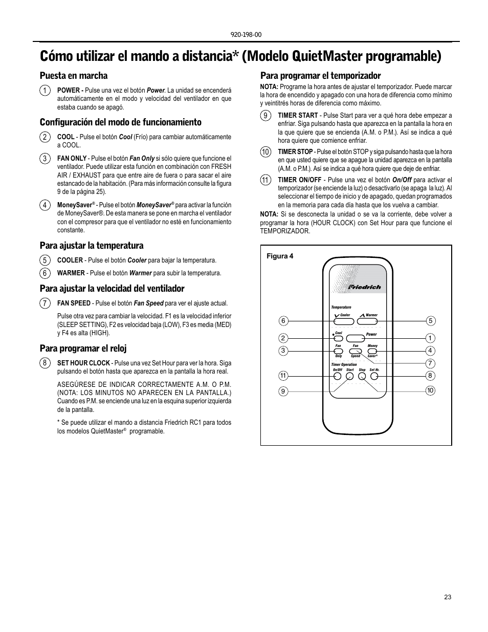 Puesta en marcha, Configuración del modo de funcionamiento, Para ajustar la temperatura | Para ajustar la velocidad del ventilador, Para programar el reloj, Para programar el temporizador | Friedrich KM24 User Manual | Page 23 / 56