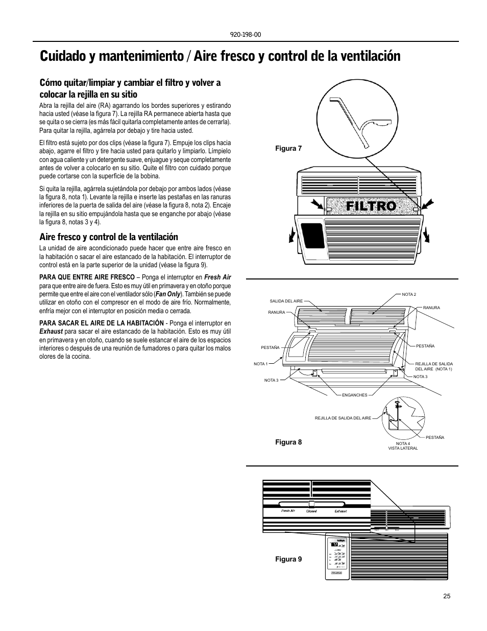 Filtro, Aire fresco y control de la ventilación | Friedrich KM24 User Manual | Page 25 / 56