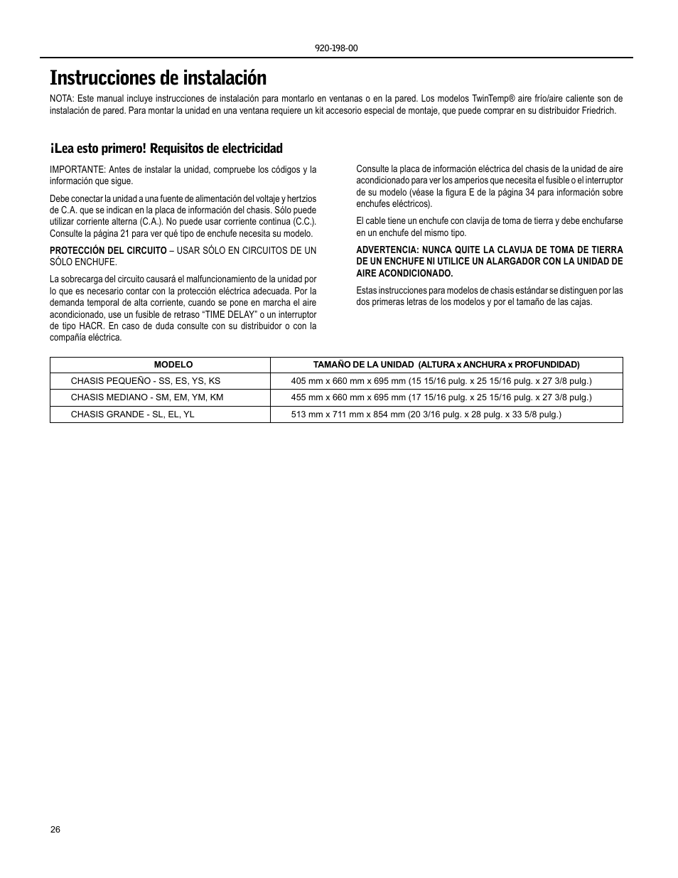 Instrucciones de instalación, Lea esto primero! requisitos de electricidad | Friedrich KM24 User Manual | Page 26 / 56