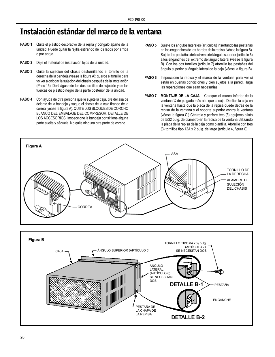 Instalación estándar del marco de la ventana, Detalle b-1 detalle b-2 | Friedrich KM24 User Manual | Page 28 / 56