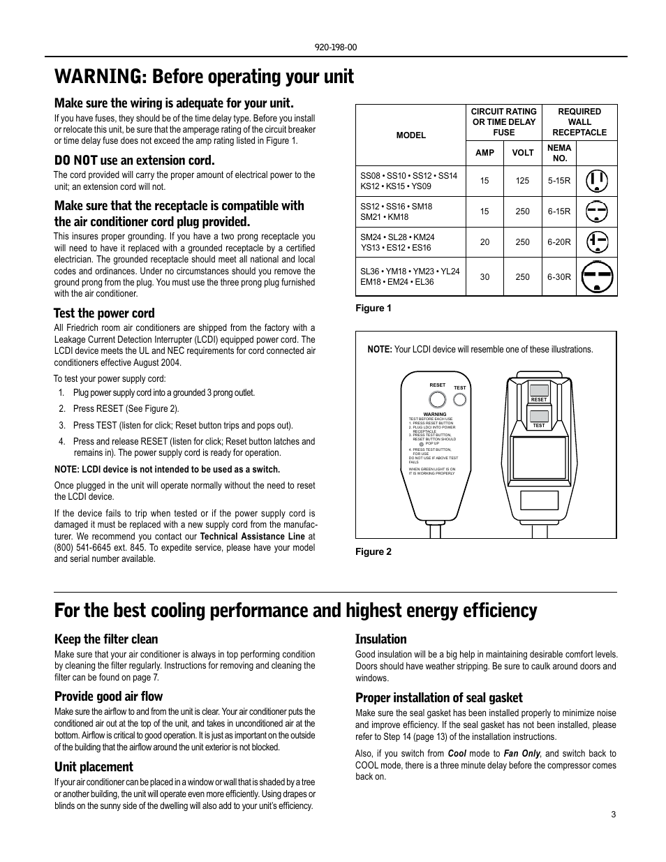 Keep the filter clean, Provide good air flow, Unit placement | Insulation, Proper installation of seal gasket, Make sure the wiring is adequate for your unit, Do not use an extension cord, Test the power cord | Friedrich KM24 User Manual | Page 3 / 56