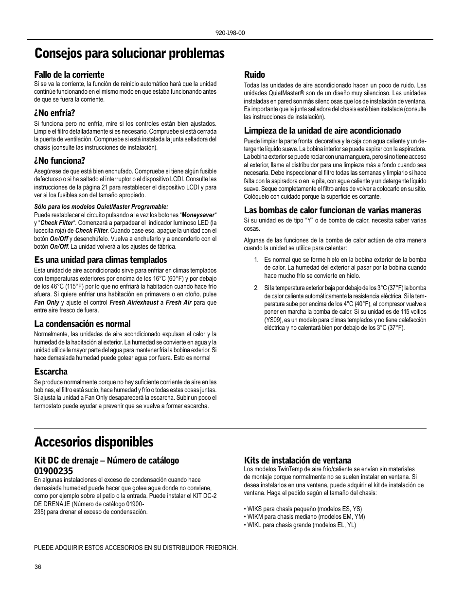 Consejos para solucionar problemas, Accesorios disponibles | Friedrich KM24 User Manual | Page 36 / 56
