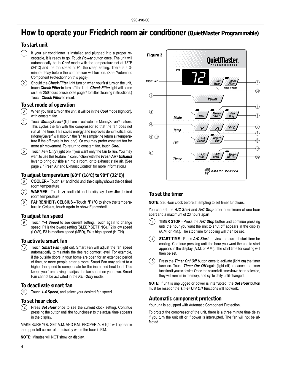 How to operate your friedrich room air conditioner, Quietmaster programmable), Automatic component protection | Friedrich KM24 User Manual | Page 4 / 56