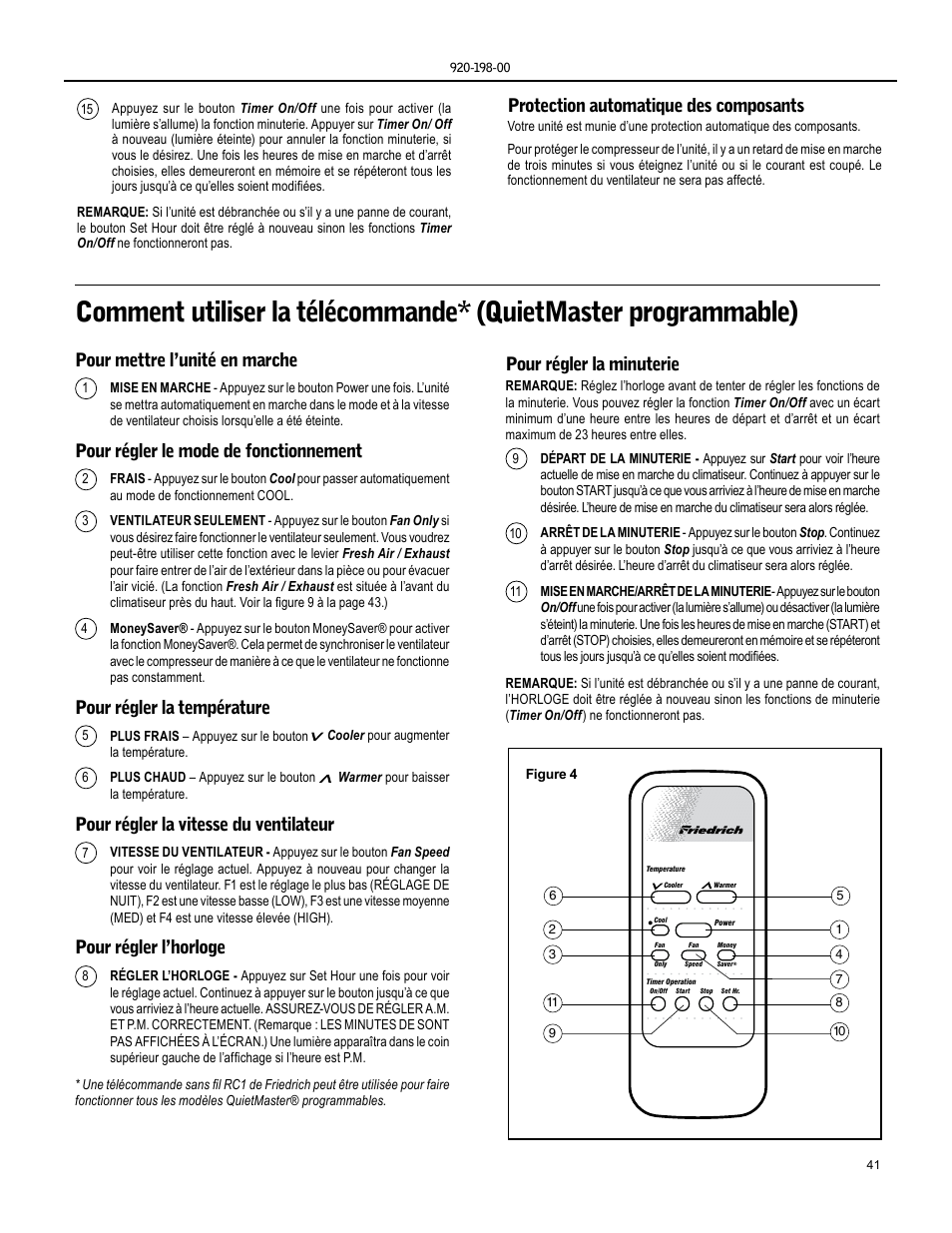 Pour mettre l’unité en marche, Pour régler le mode de fonctionnement, Pour régler la température | Pour régler la vitesse du ventilateur, Pour régler l’horloge, Pour régler la minuterie, Protection automatique des composants | Friedrich KM24 User Manual | Page 41 / 56