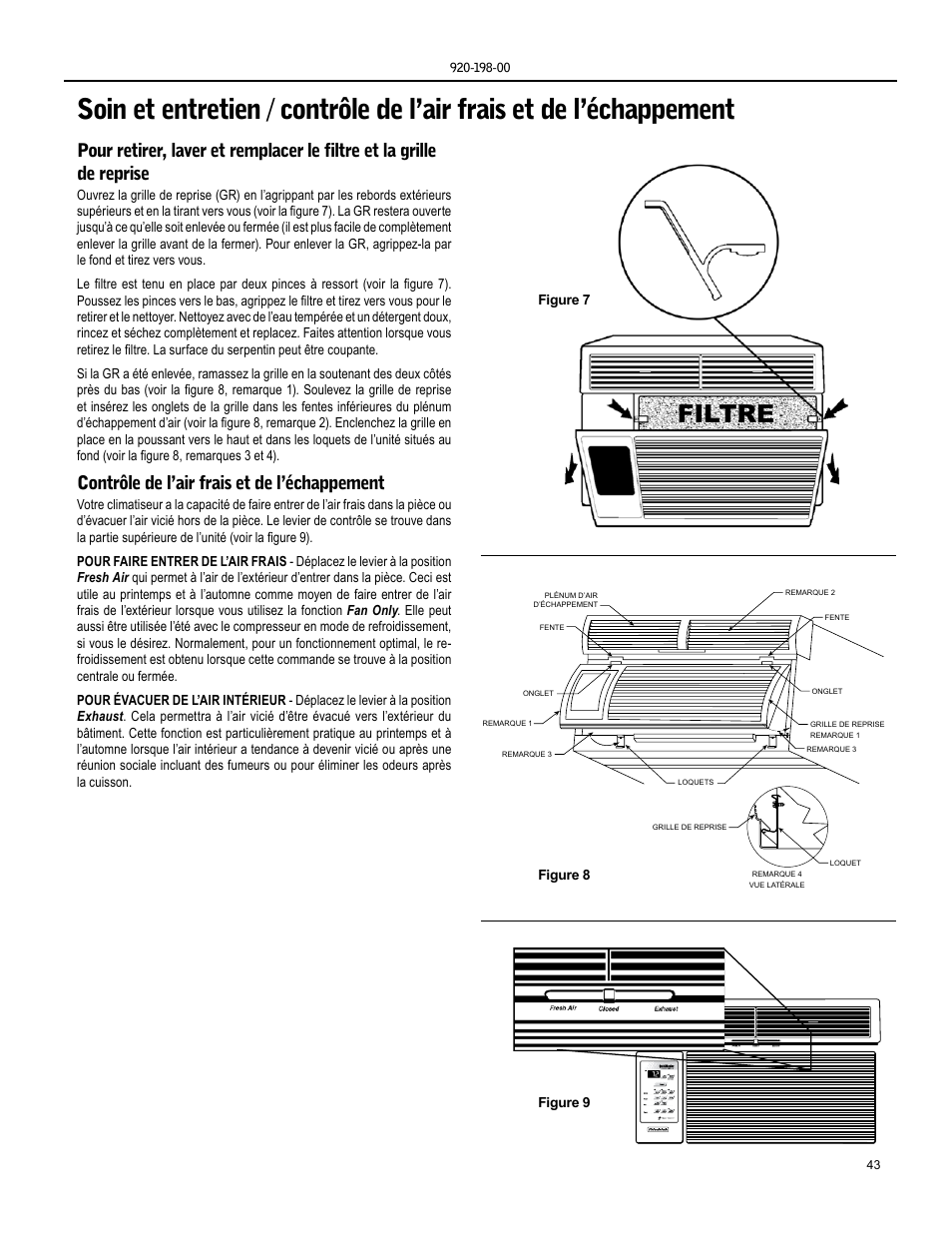 Filtre, Contrôle de l’air frais et de l’échappement | Friedrich KM24 User Manual | Page 43 / 56