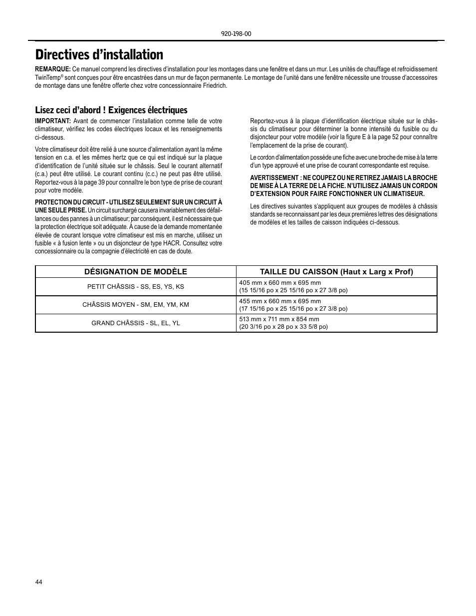 Directives d’installation, Lisez ceci d’abord ! exigences électriques | Friedrich KM24 User Manual | Page 44 / 56