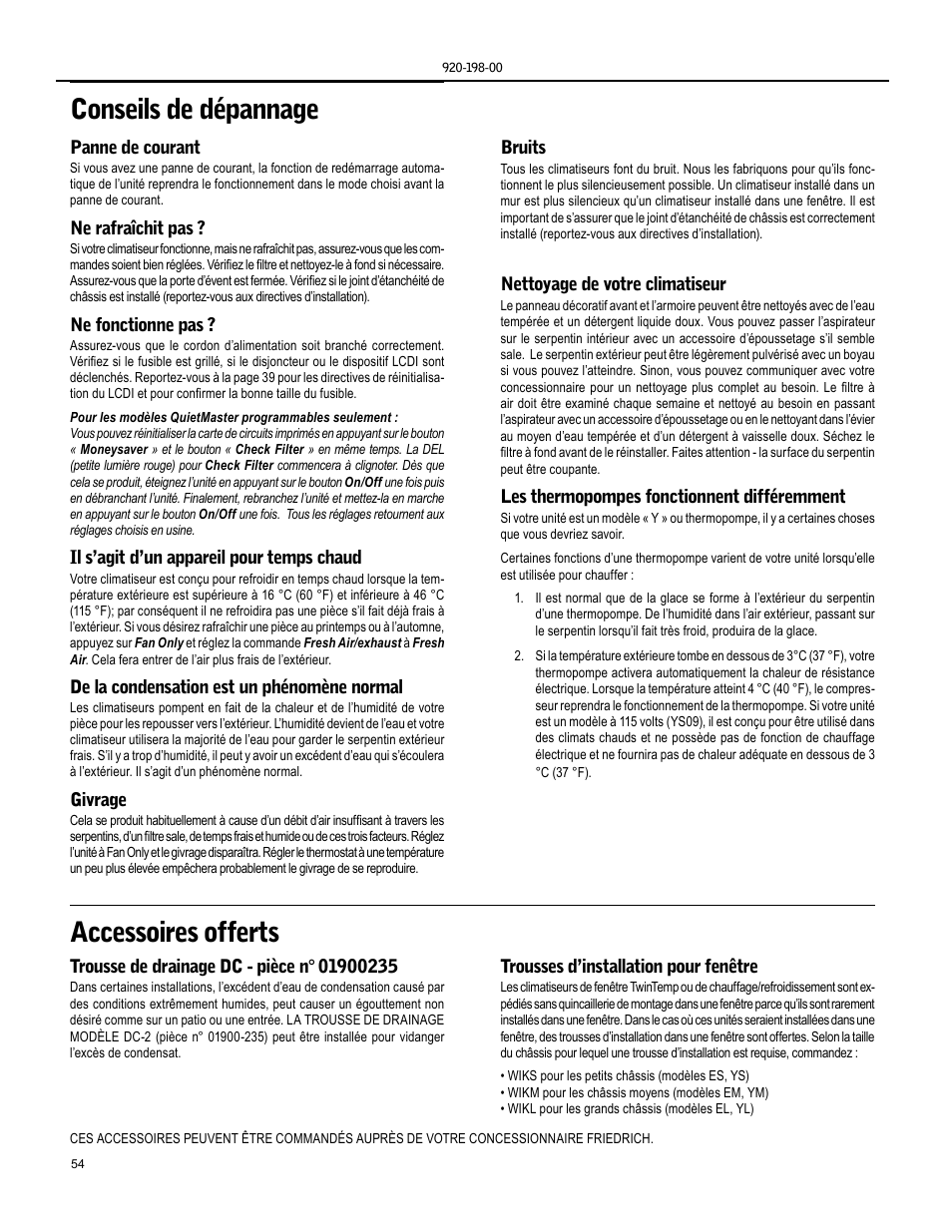 Conseils de dépannage, Accessoires offerts | Friedrich KM24 User Manual | Page 54 / 56