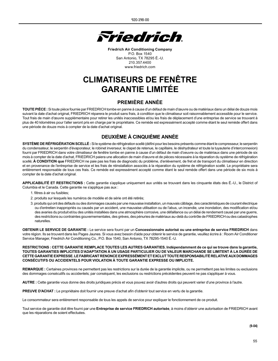 Climatiseurs de fenêtre garantie limitée, Première année, Deuxième à cinquième année | Friedrich KM24 User Manual | Page 55 / 56