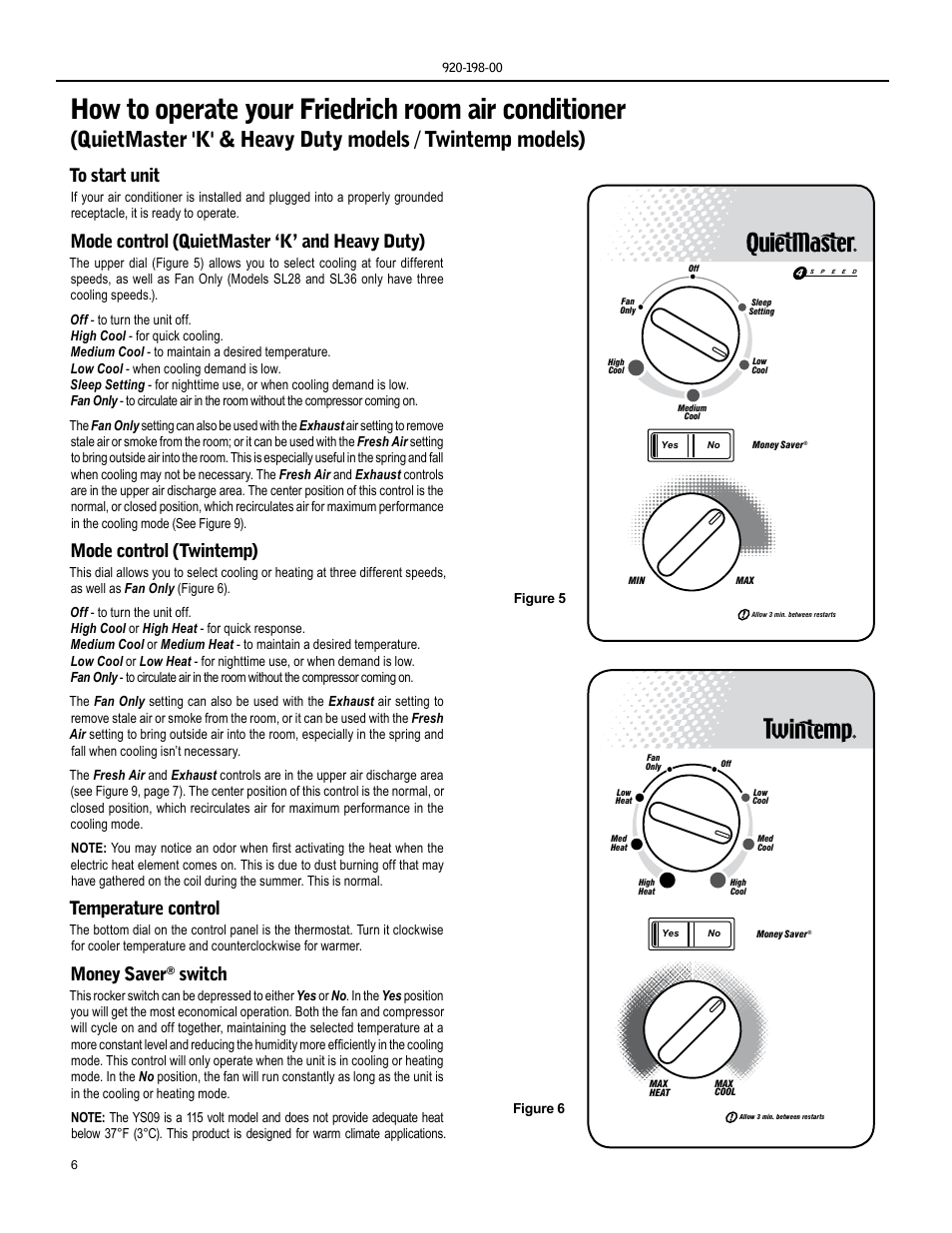 How to operate your friedrich room air conditioner, Mode control (quietmaster ‘k’ and heavy duty), Mode control (twintemp) | Temperature control, Money saver, Switch | Friedrich KM24 User Manual | Page 6 / 56