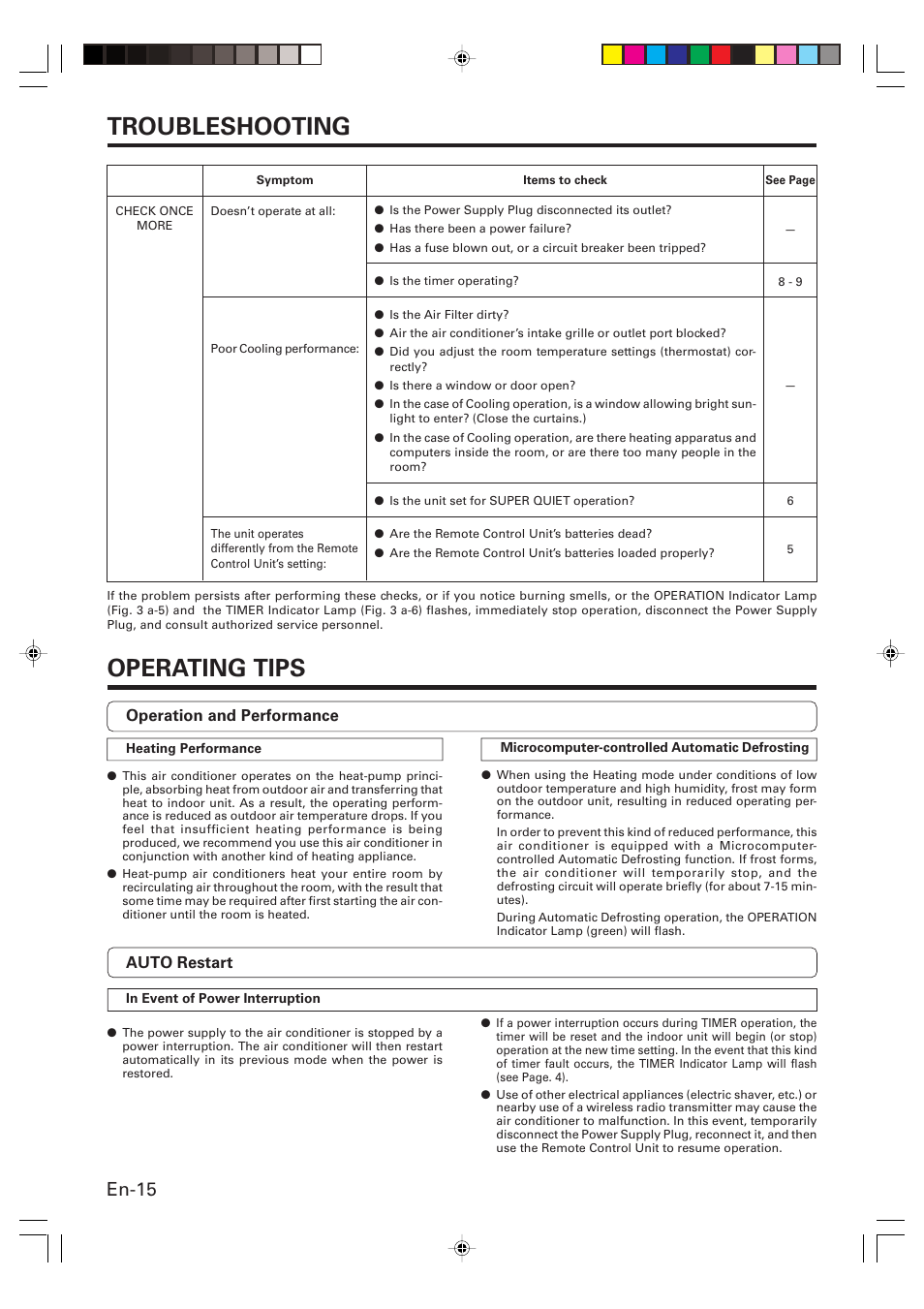 Troubleshooting, Operating tips, En-15 | Friedrich MW12Y3H User Manual | Page 16 / 18