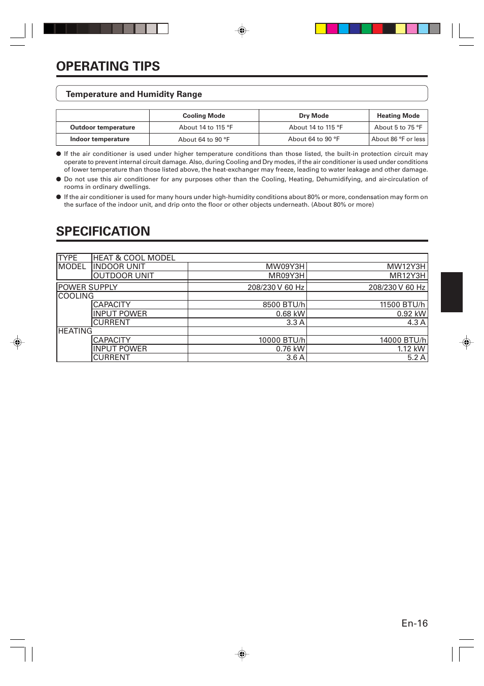Operating tips, Specification, En-16 | Friedrich MW12Y3H User Manual | Page 17 / 18
