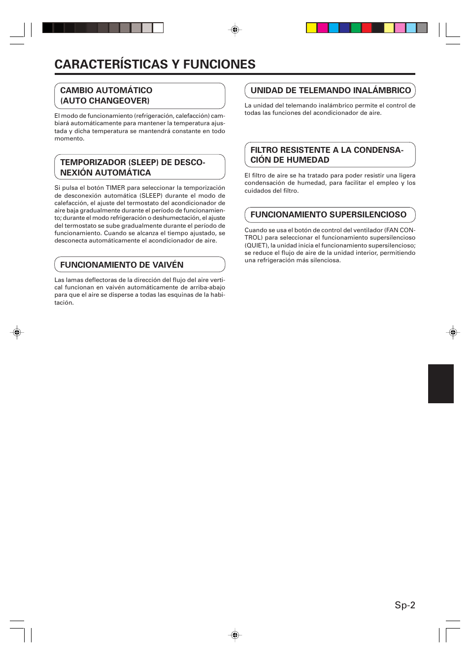 Características y funciones, Sp-2 | Friedrich MW09Y1F User Manual | Page 31 / 46