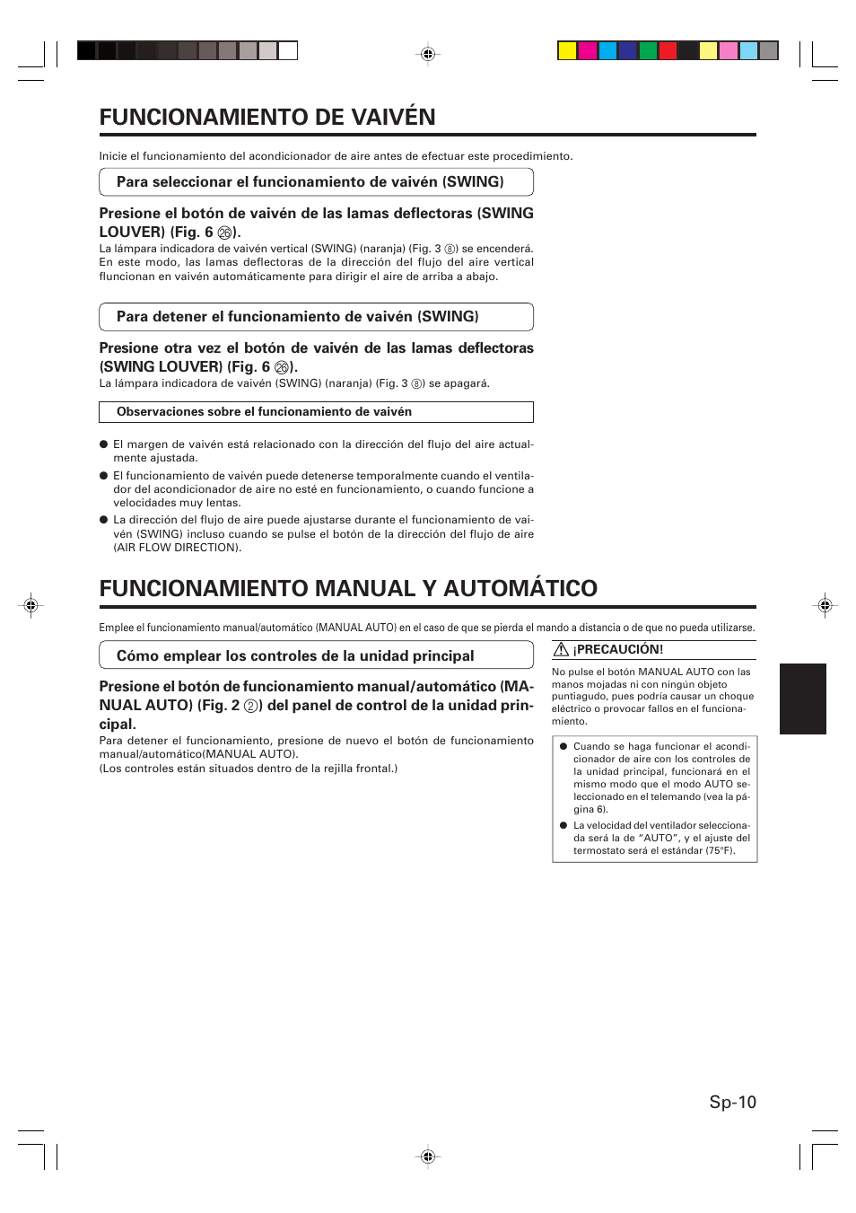 Funcionamiento de vaivén, Funcionamiento manual y automático, Sp-10 | Friedrich MW09Y1F User Manual | Page 39 / 46