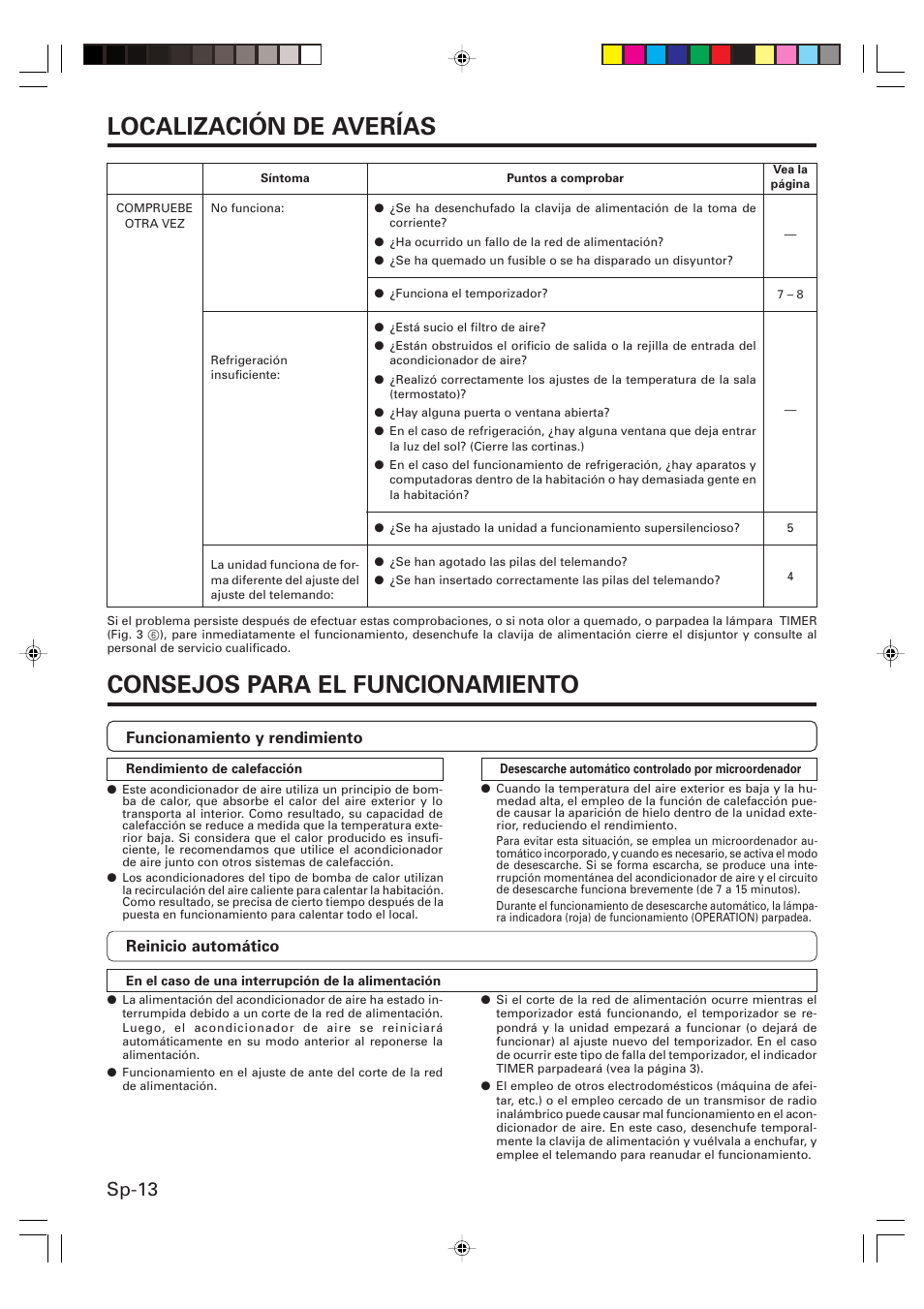 Localización de averías, Consejos para el funcionamiento, Sp-13 | Friedrich MW09Y1F User Manual | Page 42 / 46
