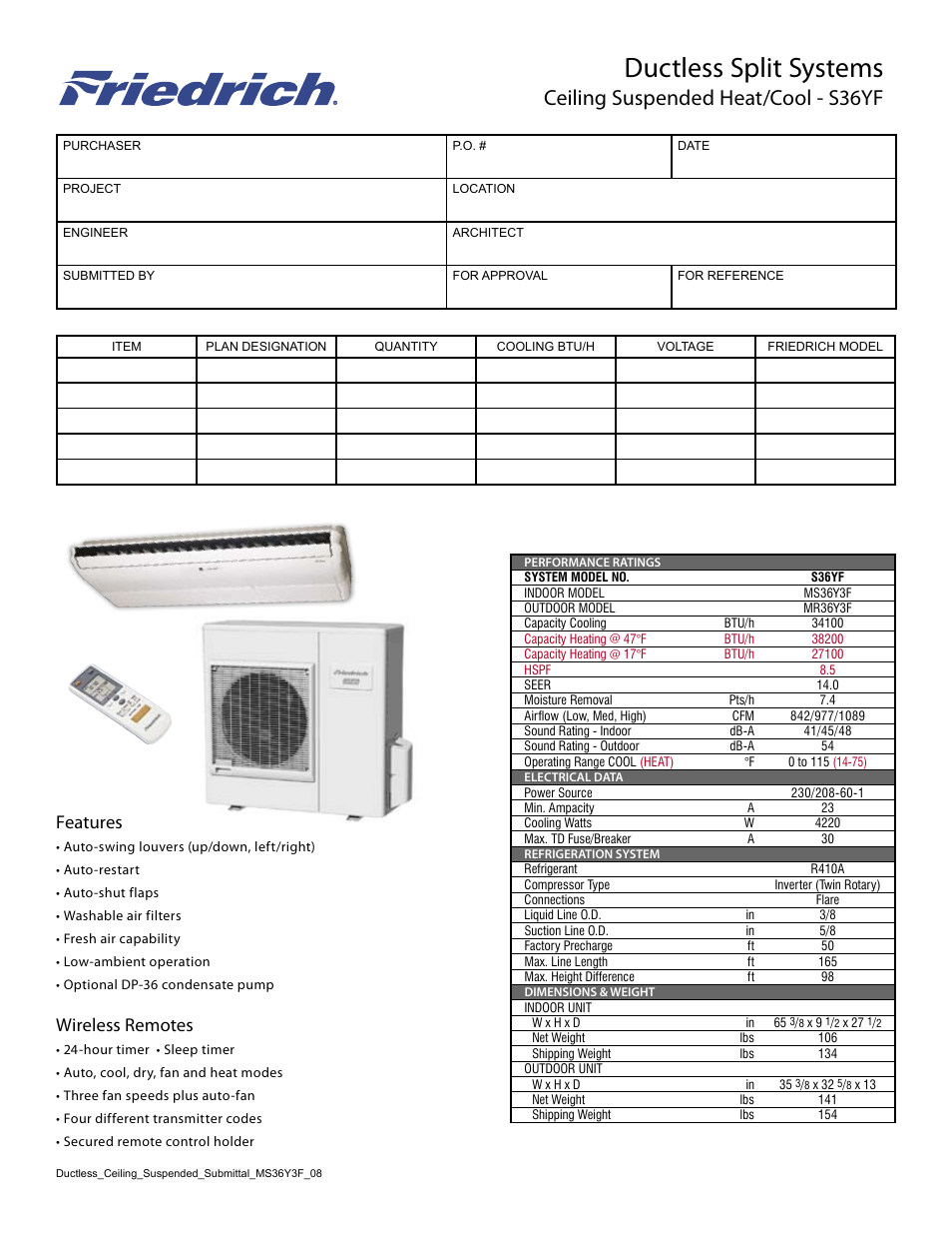 Friedrich Ductless Split Systems S36YF User Manual | 1 page