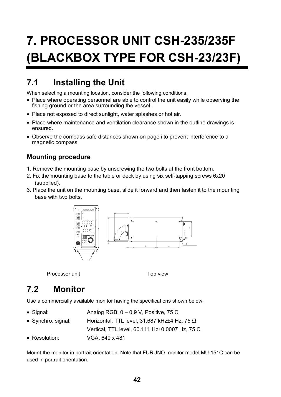 Processor unit csh-235/235f, 1 installing the unit, 2 monitor | Mounting procedure | Furuno CSH-24F User Manual | Page 47 / 98