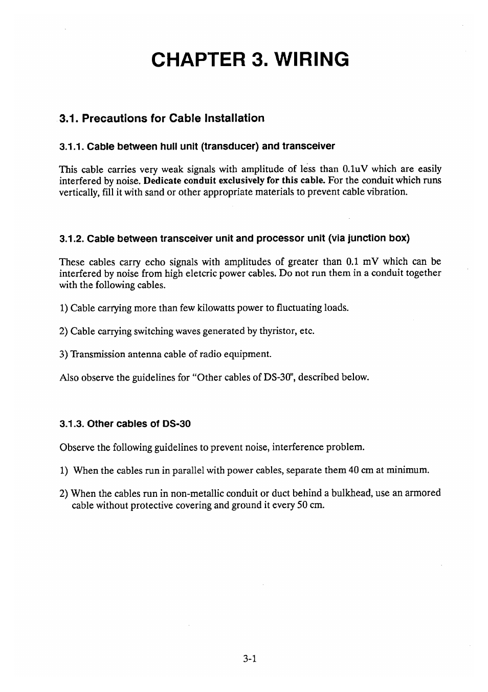 Chapter3. wiring, Precautions for cable installation | Furuno DS-30 User Manual | Page 20 / 116