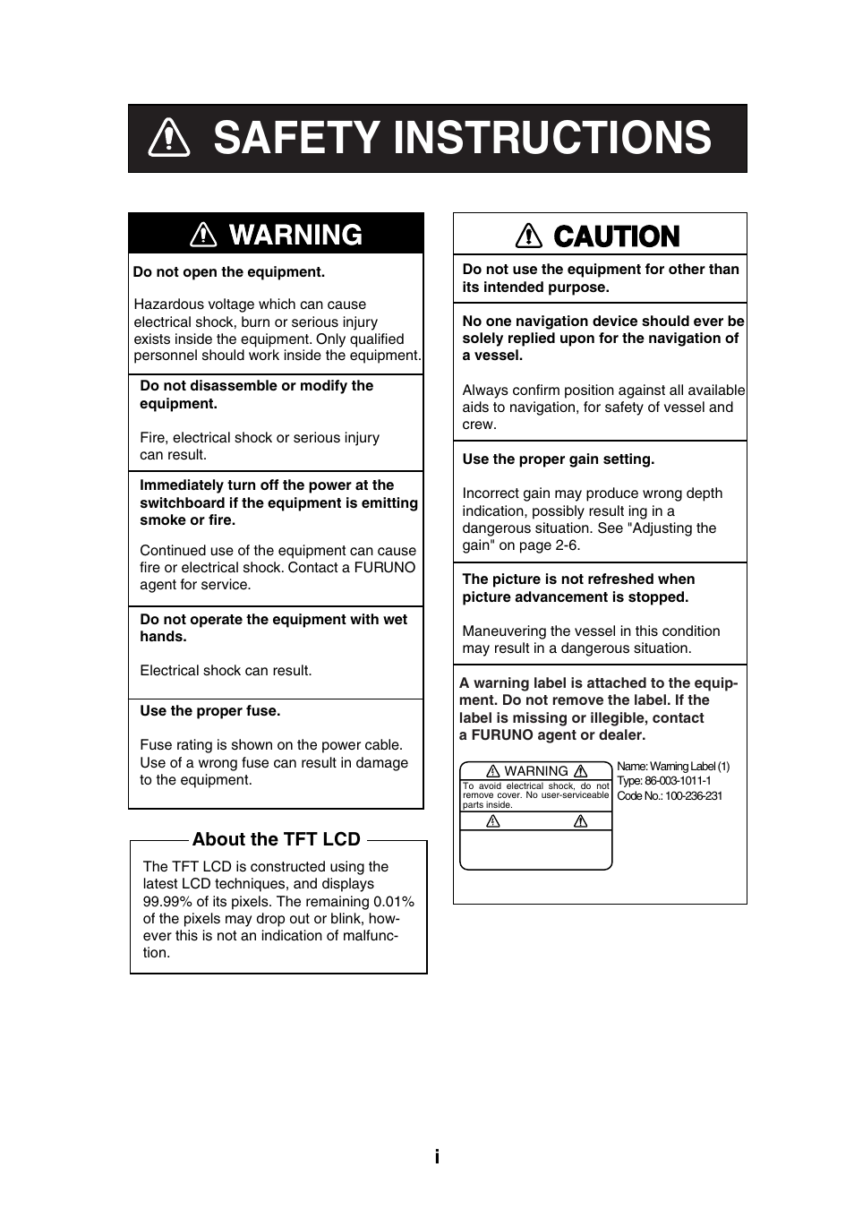 Safety instructions, Warning, Warning caution | Furuno GP-1650WD User Manual | Page 3 / 96