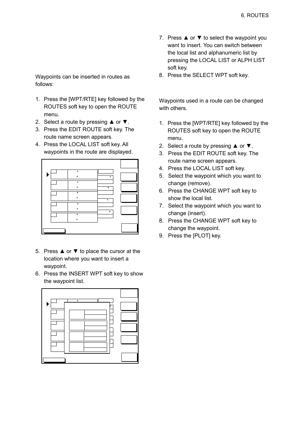 3 inserting, removing waypoints, Inserting waypoints through the route list, Changing waypoints through the list | Furuno GP-1650WD User Manual | Page 41 / 96