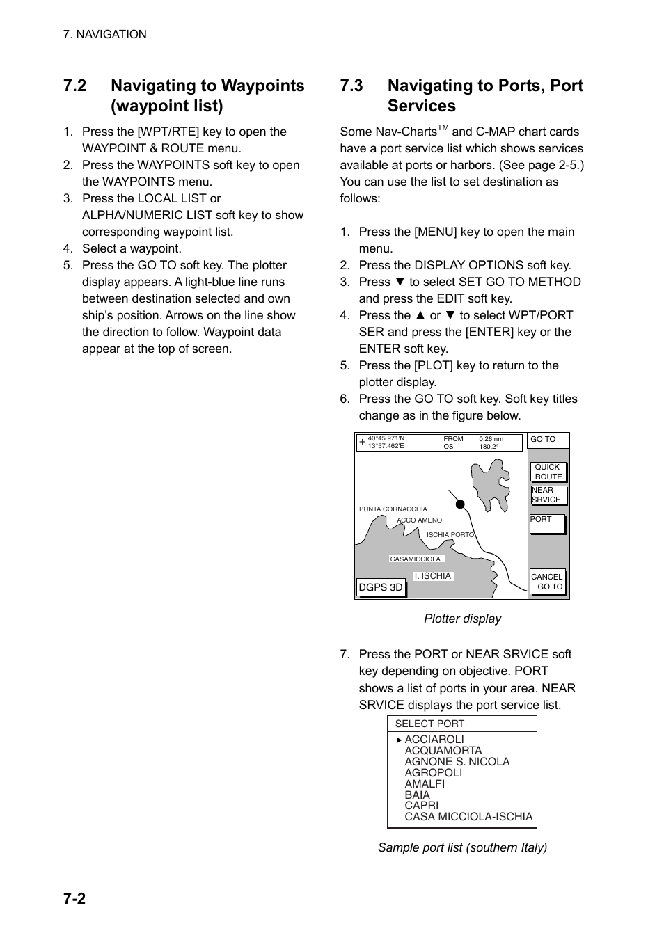 2 navigating to waypoints (waypoint list), 3 navigating to ports, port services | Furuno GP-1650WD User Manual | Page 46 / 96