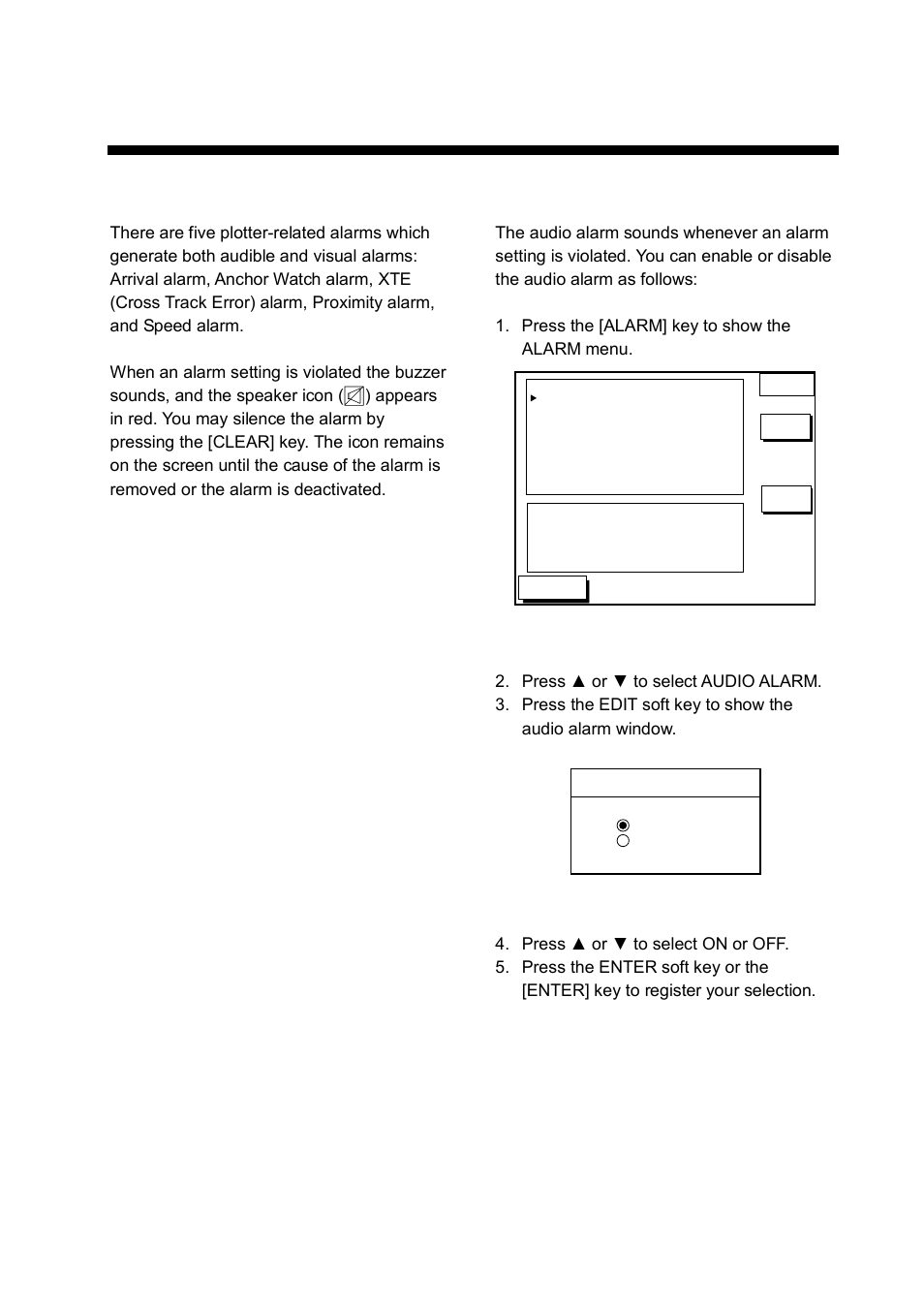 Plotter alarms, 1 introduction, 2 audio alarm on/off | Furuno GP-1650WD User Manual | Page 51 / 96