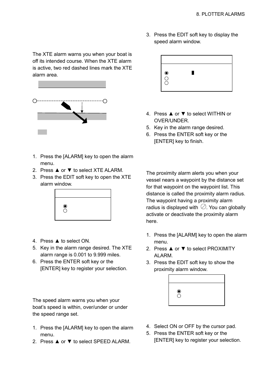 5 xte (cross track error) alarm, 6 speed alarm, 7 proximity alarm | Furuno GP-1650WD User Manual | Page 53 / 96