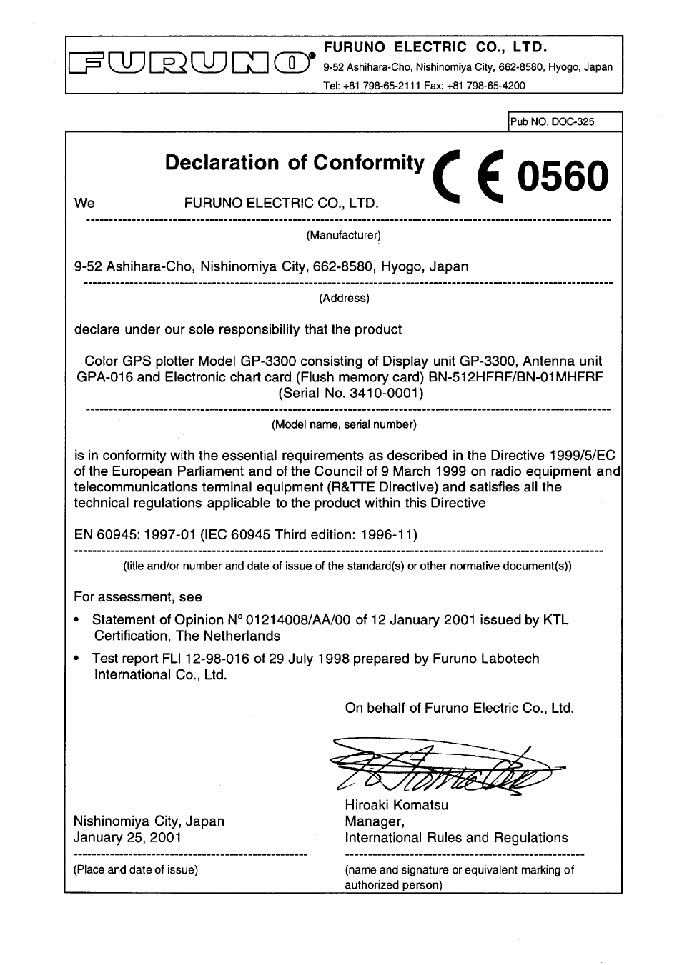 Declation of conformity | Furuno GP-3300 User Manual | Page 137 / 137