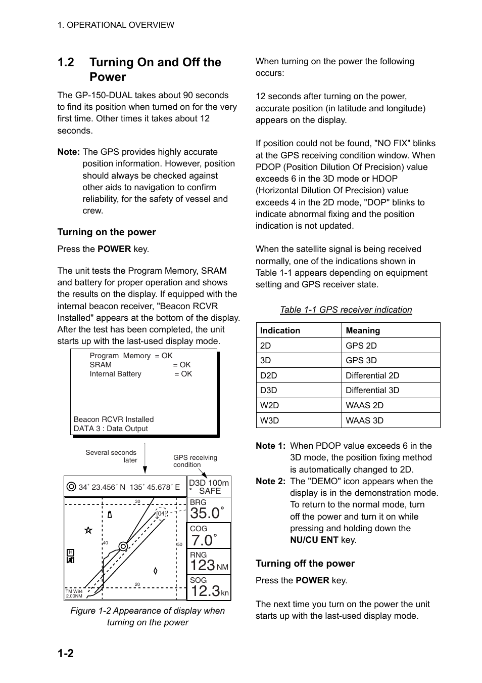 2 turning on and off the power | Furuno DUAL GPS GP-150-DUAL User Manual | Page 12 / 130